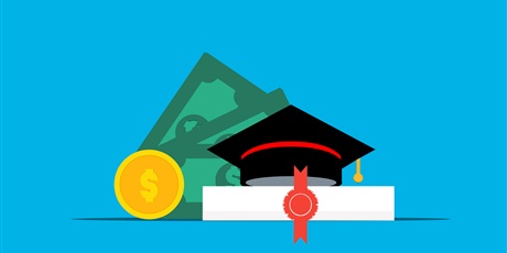 Powiększ grafikę: grafika, na niebieskim tle dwa symbole pieniedzy moneta i banknoty oraz zwinięty w rulon dyplom i biret absolwenta 